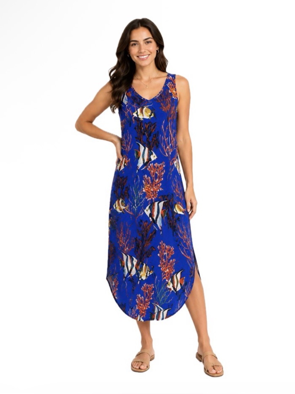 NIC+ZOE, Blue Coral Fish Print Shift Dress |Coastal Resort Vibe, Size M